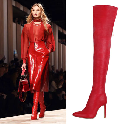 Trend 2024 Black Long Boots for Women Ladies Thigh High Pointed Toe Over-the-Knee Boots Patent Leather Large Size 46 Female Shoe