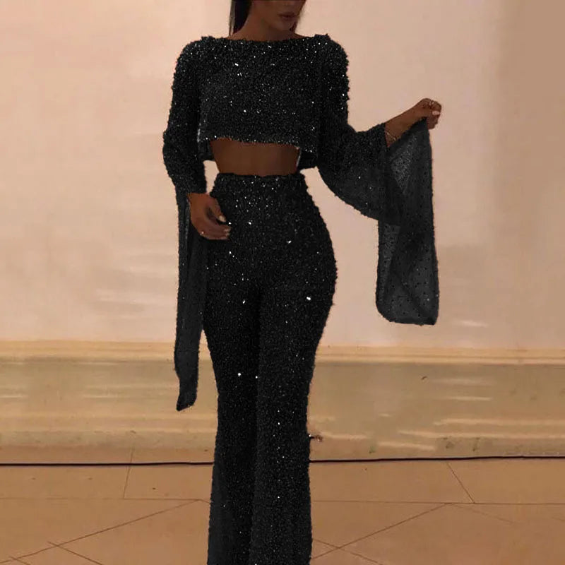 Elegant Flare Sleeve Women Club Party Romper Fashion O Neck Slim Fit Overalls Sexy Cut Out Waist Backless Shiny Sequin Jumpsuits