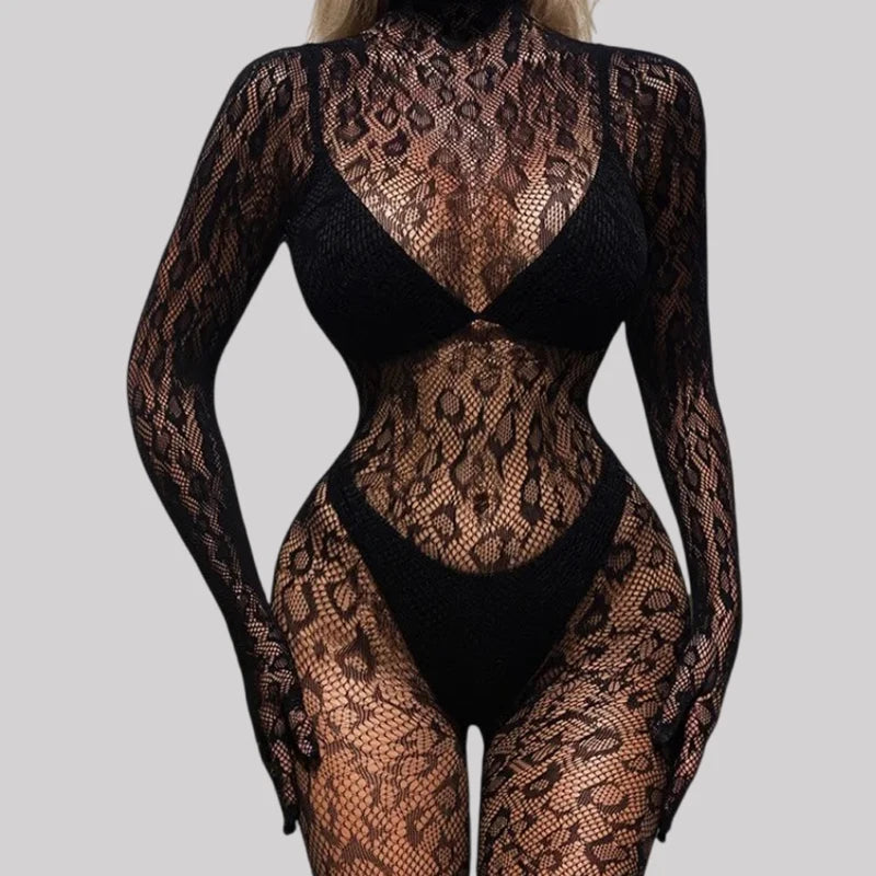 Toucheart Sexy Mesh Jumpsuit Women's Underwear Long-sleeved Jumpsuit Fishnet Top with Closed Crotch Perspective Sexy Jumpsuit