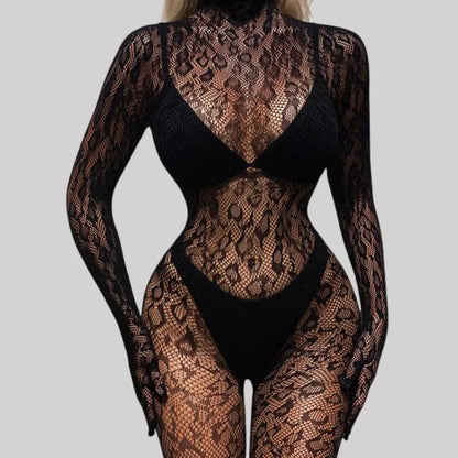 Toucheart Sexy Mesh Jumpsuit Women's Underwear Long-sleeved Jumpsuit Fishnet Top with Closed Crotch Perspective Sexy Jumpsuit
