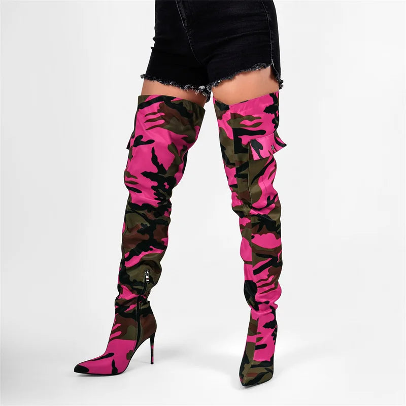 Onlymaker Womens Mixed Colors  CamouflageOver The Knee Boots Thin Heel Pointy Colorful Print  Thigh High Boots