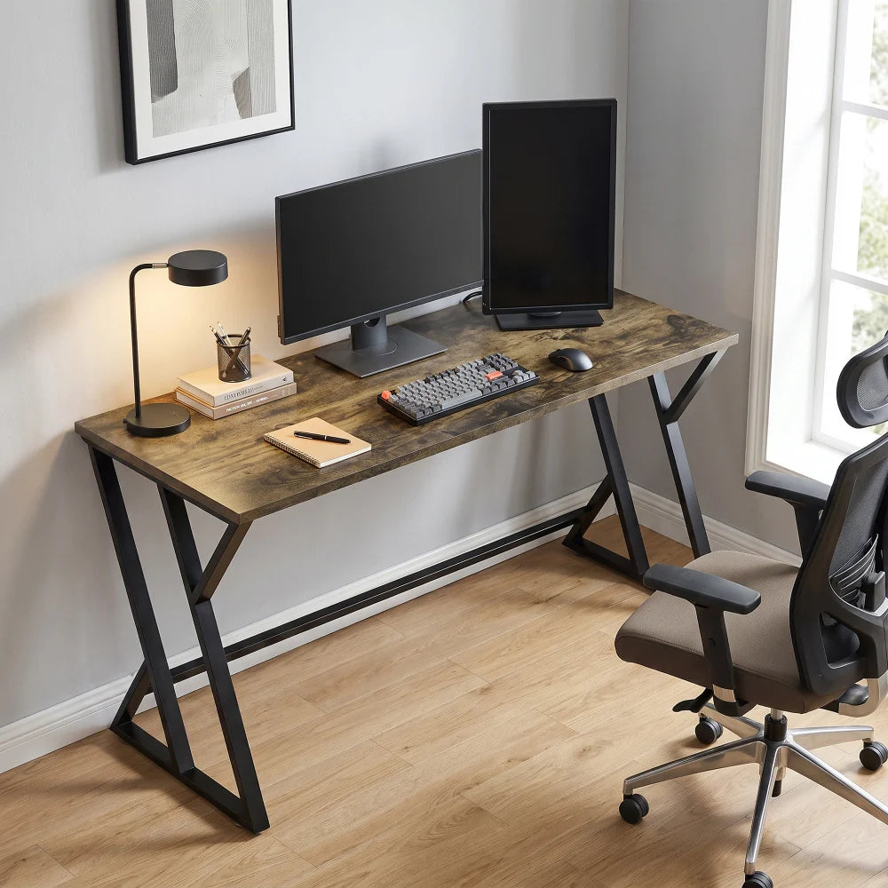 Industrial Z‑Frame Computer Desk 55.1", Rustic Wood Grain Writing Desk with Matte Black Metal Base, 132 Lbs Capacity Home Office Workstation for Bedroom Office