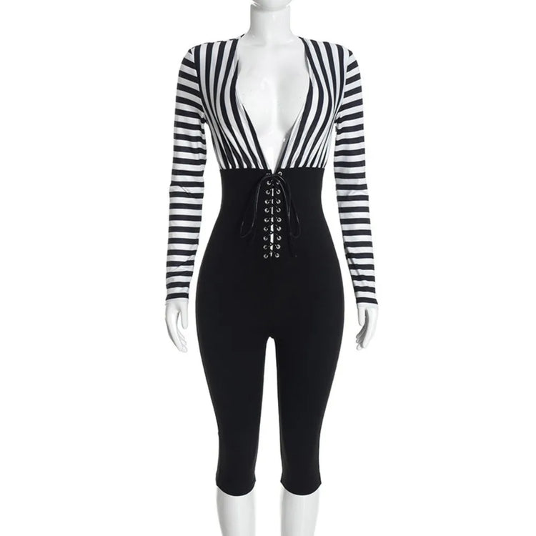 FLARORA Trend Stripe Color Blocking Jumpsuits Woman Deep V Neck Full Sleeve Bandage Skinny Peach Hip Sexy Party Club Overalls