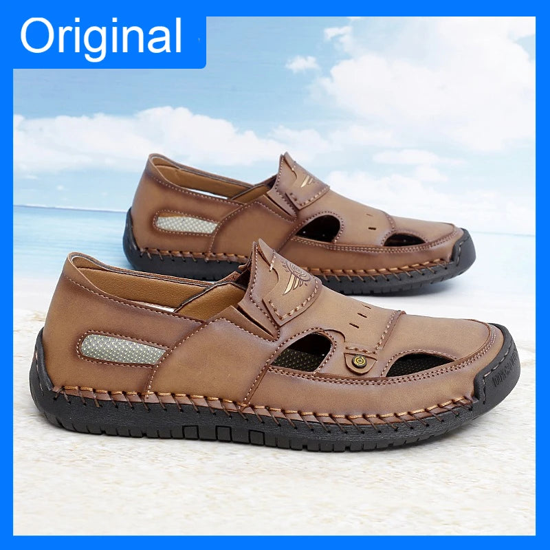 Mens Walking Shoes Summer Breathable Leather Hand Sewn Minimalist Baotou Flat Shoes Soft Elastic Daily Casual Male Sandalia