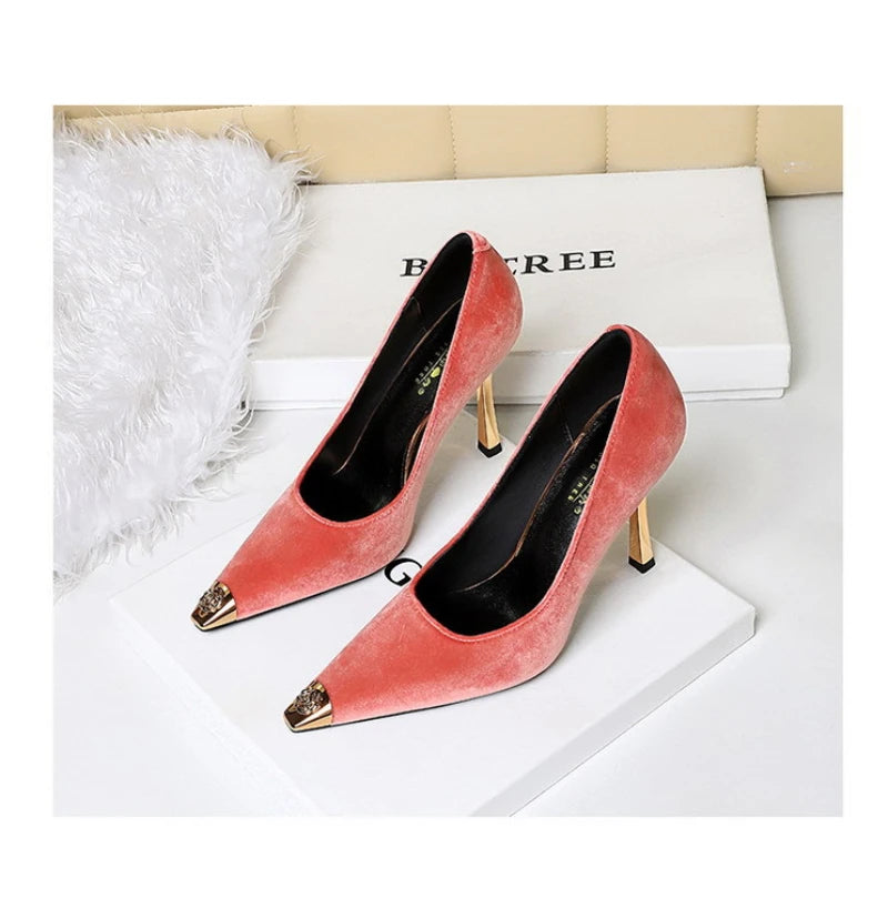 Women Peach Pink Velvet Metal Capped Pointed Toe Pumps Gold Trapezoid Thin High Heels Gentle Retro Luxury Date Banquet Ladies