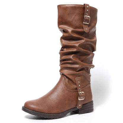 New Autumn Winter Vintage Women Knee High Boots Double Metal Buckle Thick Heels 3CM Knight Boots Casual Pull On Long Boots Shoes