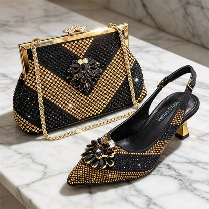Women Black Gold Rhinestone Slingback Heels Matching Clutch Bag Set Luxury Crystal Flower Pointed Toe Kitten Heel Sandals