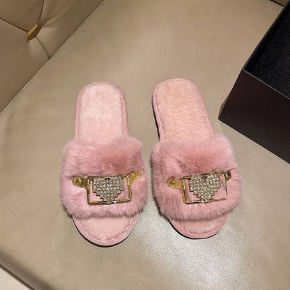 Love Chain Fluffy Women's Slippers Home Fashion Luxury Designer Shoes Woman Autumn Winter Faux Fuzzy Fur Slides Indoor Elegant