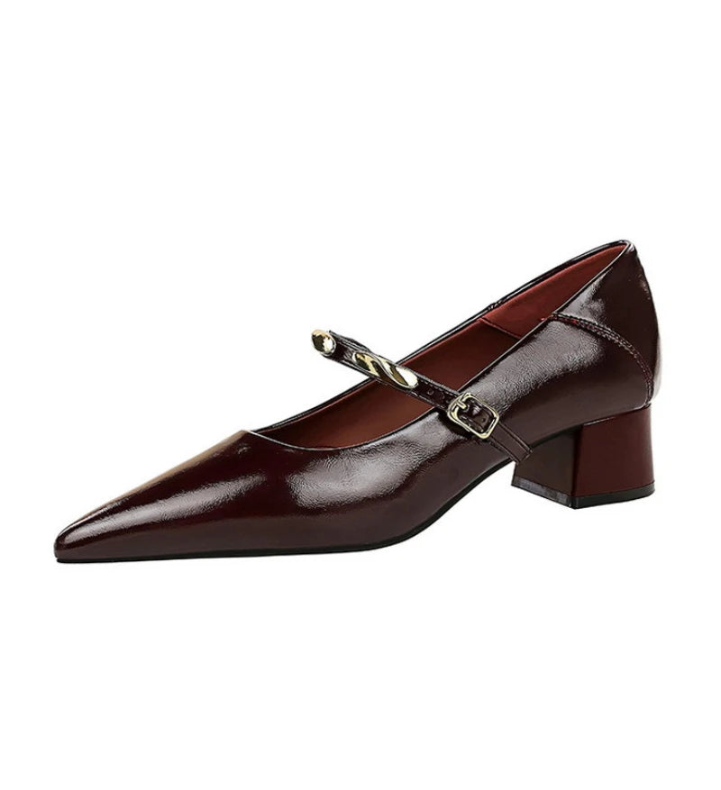 Women Korean Vintage Soft Split Cow Leather Pointed Pumps Simple Single Metal Buckle Strap Mid Chunky Heel Comfort Office Daily