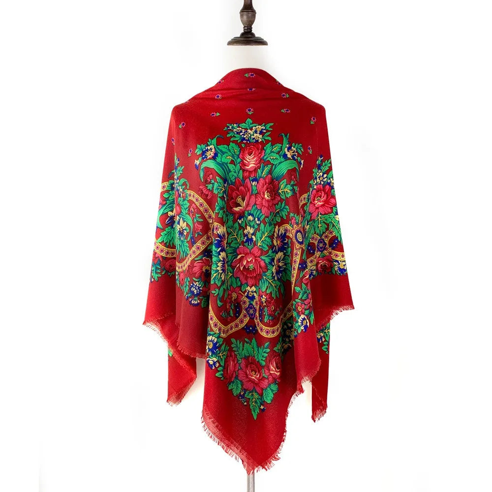 130×130cm Women's Shawl Scarves Thin Luxury Russian National Square Scarf Floral Print Breathable Ethnic Shawl Bandana Summer