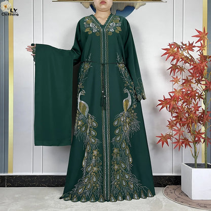 New Style Fashion Dubai Muslim Women Dress Elegant Arabic Femme Hijab Long Sleeve Chiffon Diamond Abaya Islamic Turkey Clothing