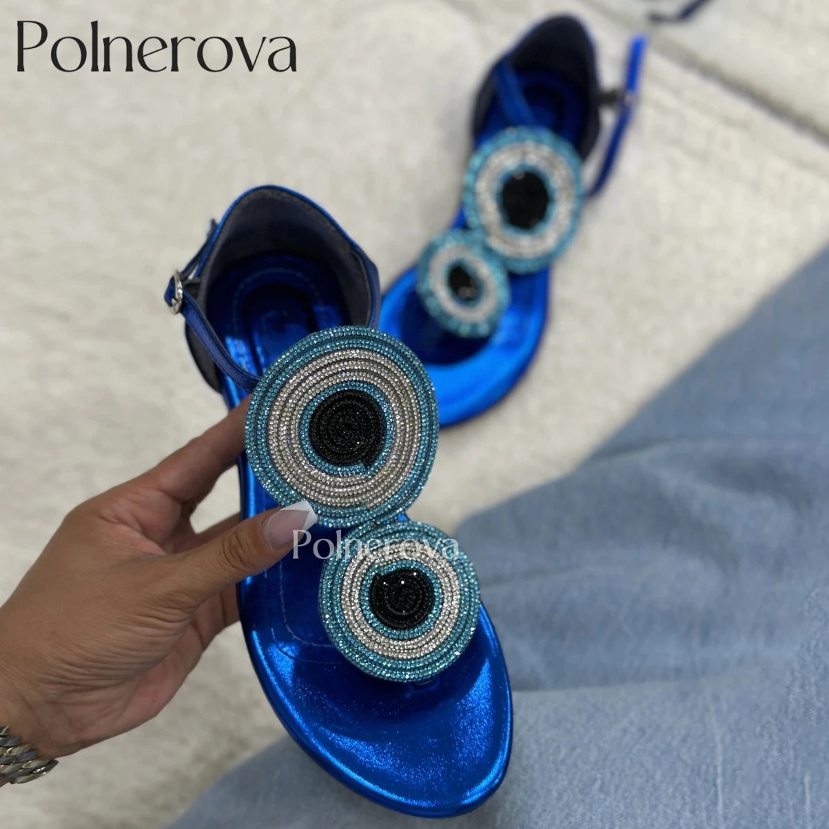 Blue Eyes Rhinestone Sandals Round Crystal Flats Round Toe Patent Leather Buckle Summer Shoes Luxury Shiny Women's Flat Sandals