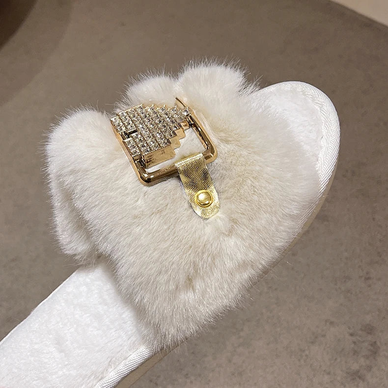 Love Chain Fluffy Women's Slippers Home Fashion Luxury Designer Shoes Woman Autumn Winter Faux Fuzzy Fur Slides Indoor Elegant