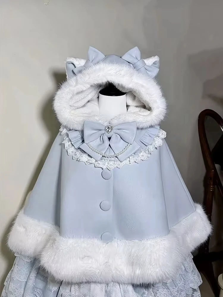 Winter  New Lolita Shawl Overcoat Women Design Bow Hooded Patchwork Kawaii Cope Coat Female Warm Chic Sweet Fur Collar Coat