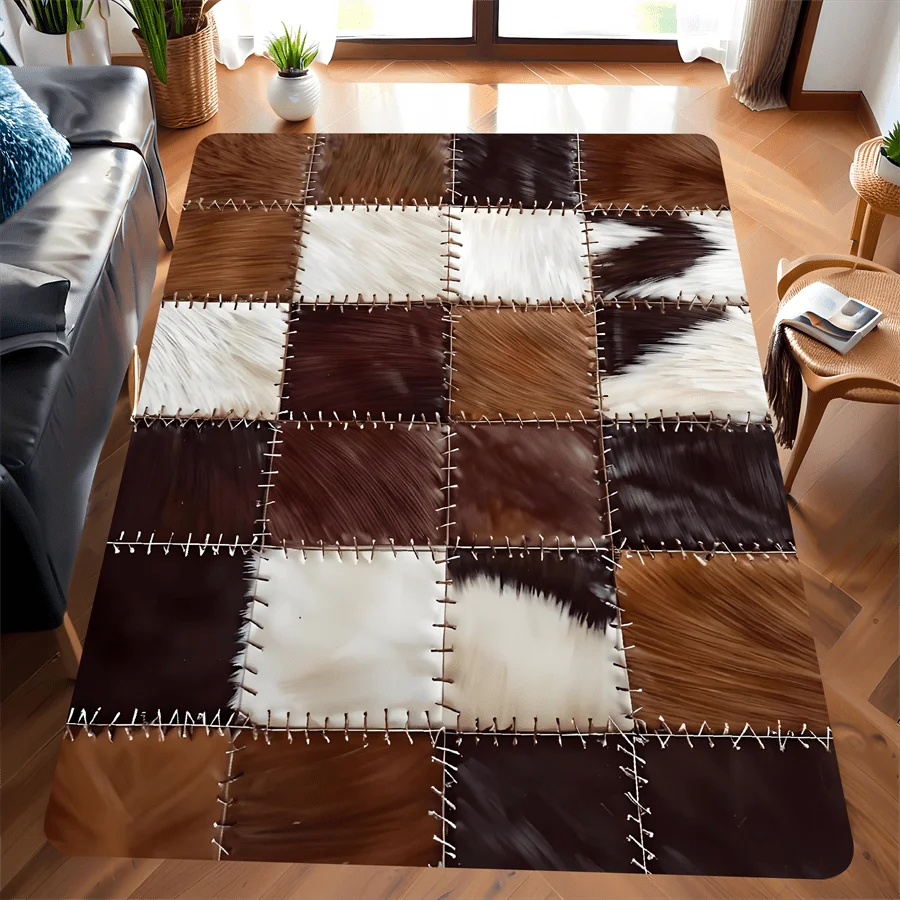 Checkered Cow Leather Pattern Doormat, High-Quality Flannel Non-Slip Machine Washable Rug for Multi-Room Multi-Holiday Decor