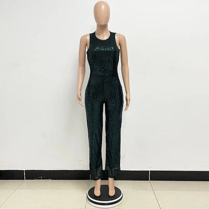Bling Bling Sequined Club Jumpsuit Sexy Women O-neck Elegant Shiny Sliver Gold Sequins Straight Romper Overalls