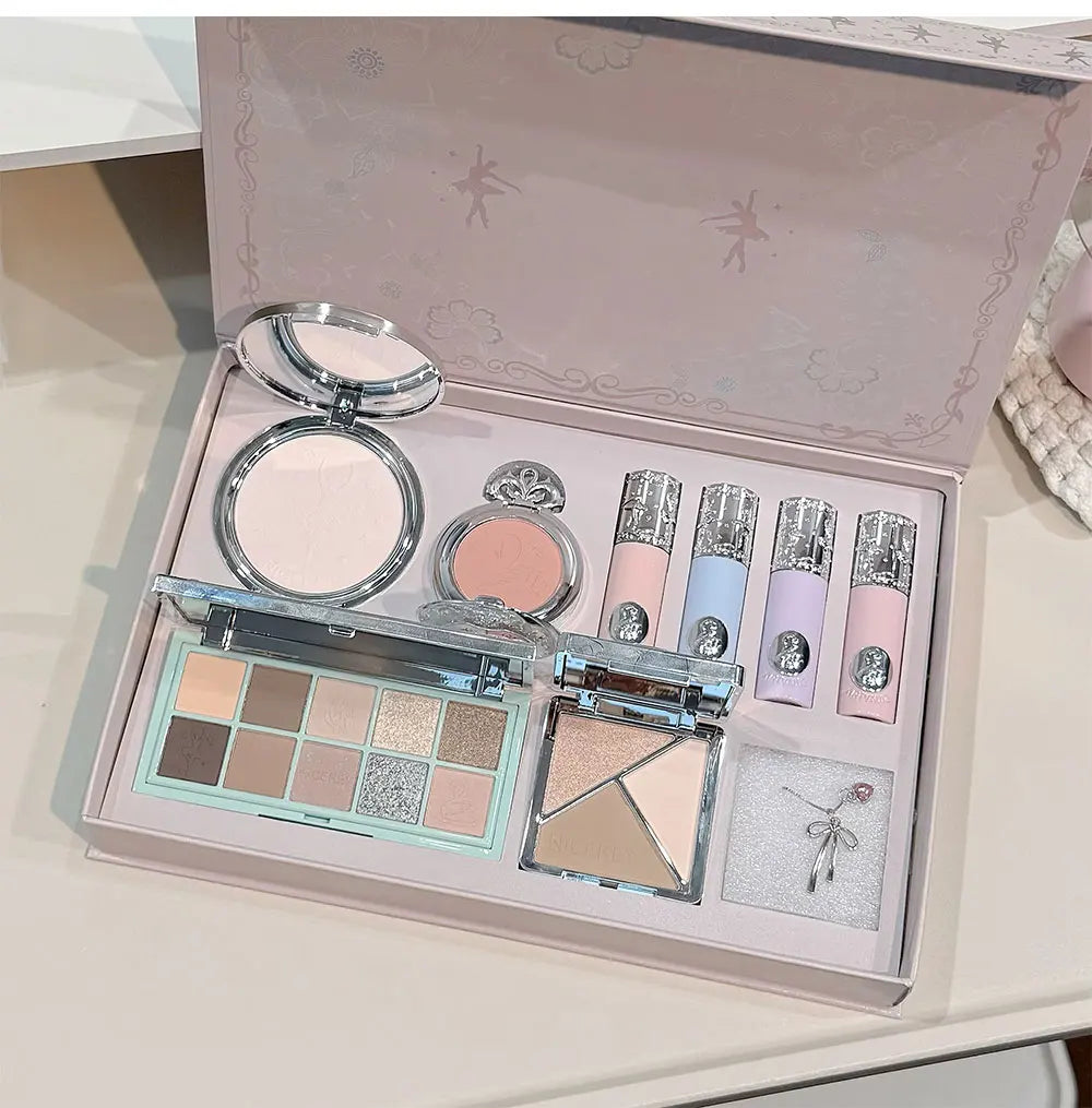 NICEKEY Makeup Kit Include 4 Matte Lipgloss,1 Face Blusher,1 Pressed Powder,1 Eyesshadow Palette,1 Contour Palette With Necklace
