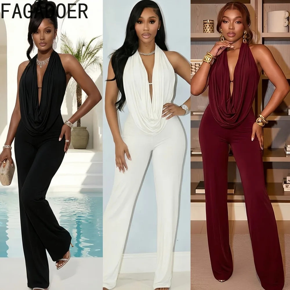 FAGADOER Sexy Solid Color Bodycon Jumpsuits Woman Halter Deep V-neck Sleeveless Backless Rompers Female Streetwear Overalls 2026