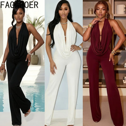 FAGADOER Sexy Solid Color Bodycon Jumpsuits Woman Halter Deep V-neck Sleeveless Backless Rompers Female Streetwear Overalls 2026