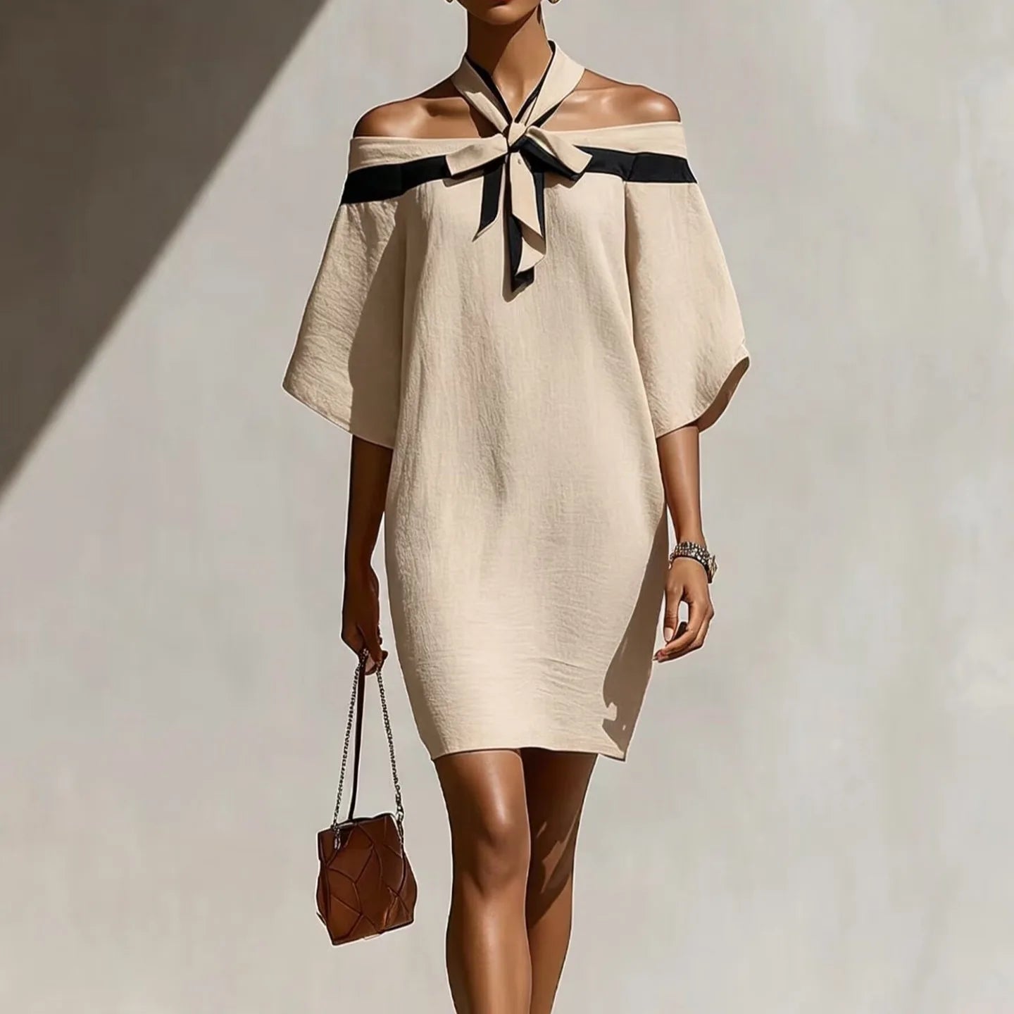 Elegant Temperament Women's Color Blocked Off Shoulder One Shoulder Summer Bow Collar Decorated With Bat Sleeves Mini Dress New