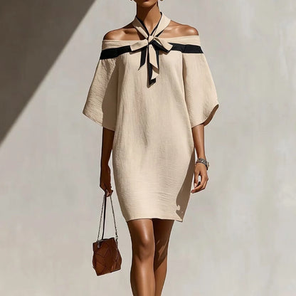 Elegant Temperament Women's Color Blocked Off Shoulder One Shoulder Summer Bow Collar Decorated With Bat Sleeves Mini Dress New