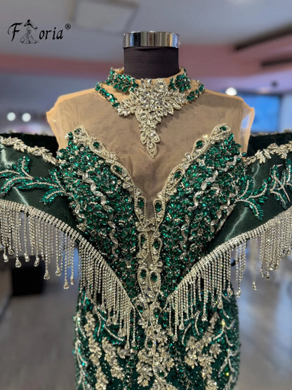 Emerald Green Mermaid Evening Dress High Neck Tassel Fringe Shiny Crystal Beaded Formal Gown Dubai Wedding Guest Aso Ebi Prom