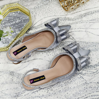 Elegant Gold Satin Rhinestone Bow Slingback Heel & Clutch Bag Set, Women Bridal Matching Kit For Wedding Party Evening Prom Form