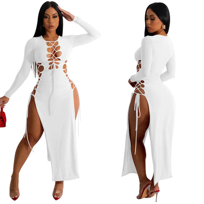 HLJ Sexy Solid Hollow Out Bandage Slit Bodycon Mid Dresses Women Round Neck Long Sleeve Slim Vestidos Fashion Party Club Clothes