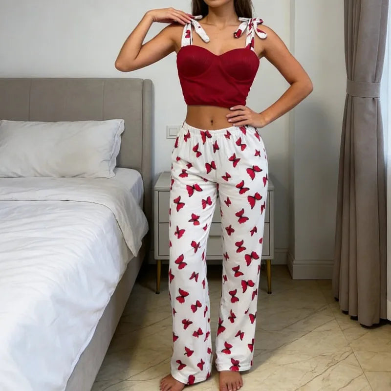 Women's Butterfly Print Tie Strap Cami Long Pants Pajama Set Summer Sexy Lounge Wear 2 Piece Set Female Soft Sleepwear
