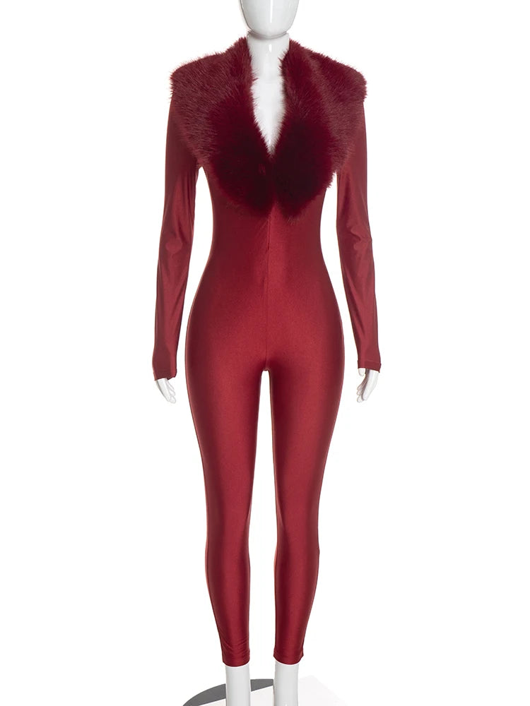 Weird Puss Plush Patchwork Jumpsuits Woman Autumn Trend Low-Neck Full Sleeve Skinny Stretch Midnight Club Party Fashion Overalls