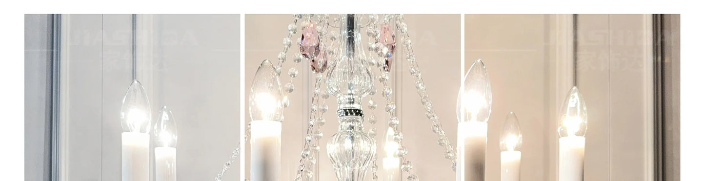French Romantic Crysatl Candle Chandelier Luxury Glass Pink E14 Pendant Lights Living Room Art Decor Led Lamparas Bedroom Lamp