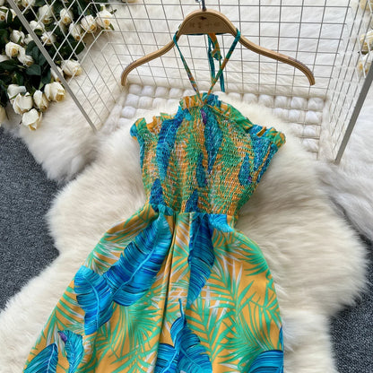 2024 New Summer Sexy Bohemian Leaf Print Jumpsuits Women Sleeveless Sexy Long Jumpsuit Mujer Casual Holiday Beach Rompers