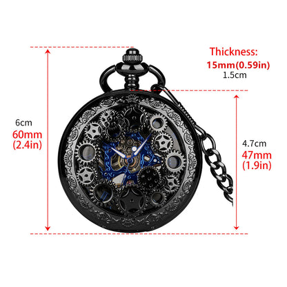 Manual Men's Mechanical Pocket Watch Hollow Design Roman Numerals Vintage Metal Pocket Watch Clock Chain Pendant Blue