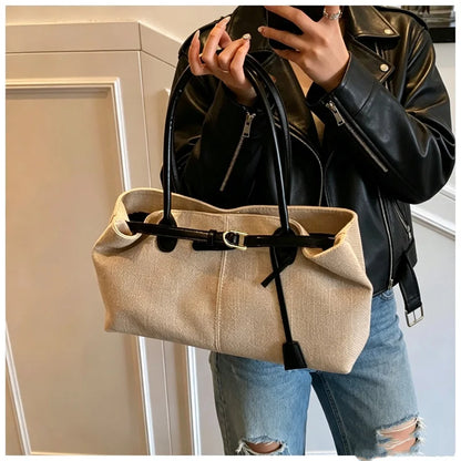 CLAREGQI  Women's Large Capacity Canvas Tote Bag, Leather Handle Shoulder Underarm Bag, Versatile Casual Commuter & Travel Handb