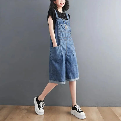 Summer Denim Straps Shorts Jeans Overalls Women Korean Wide Leg Jumpsuits Female Suspender Rompers Casual Conjoined Fifth Pants