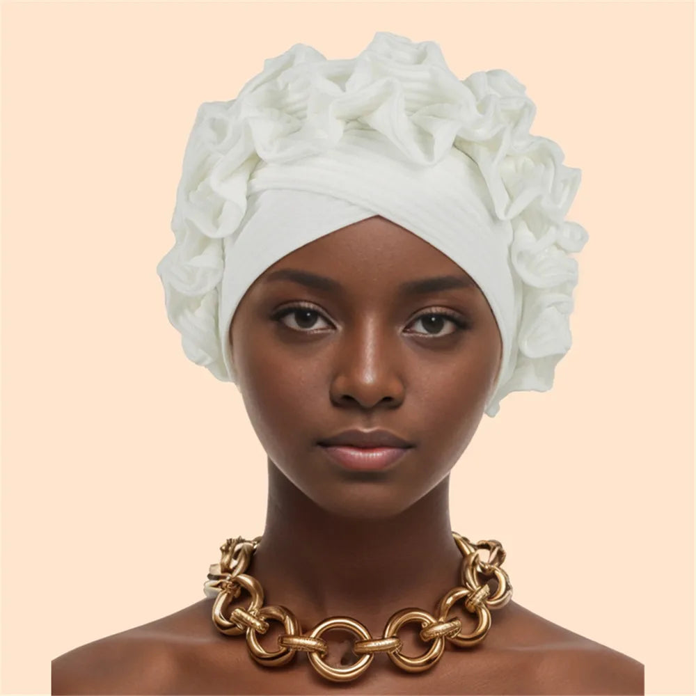 Ruffled Turban Cap Women's Head Wraps Soft Comfortable Headscarf Bonnet Lady Soild Color Headgear