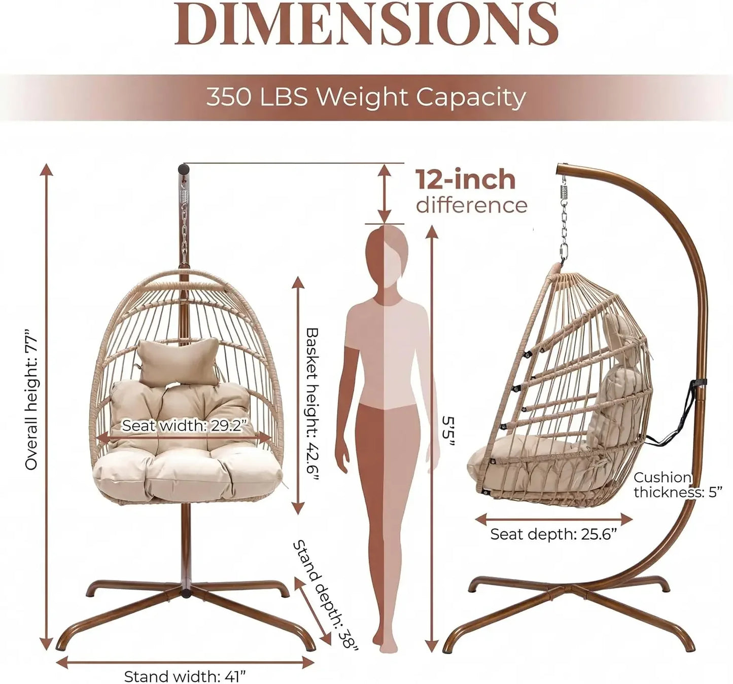 Hanging Egg Chair with Stand Indoor Outdoor, Wicker Patio Swing Seat Cushion, 350lbs Sturdy Hammock for Deck Balcony