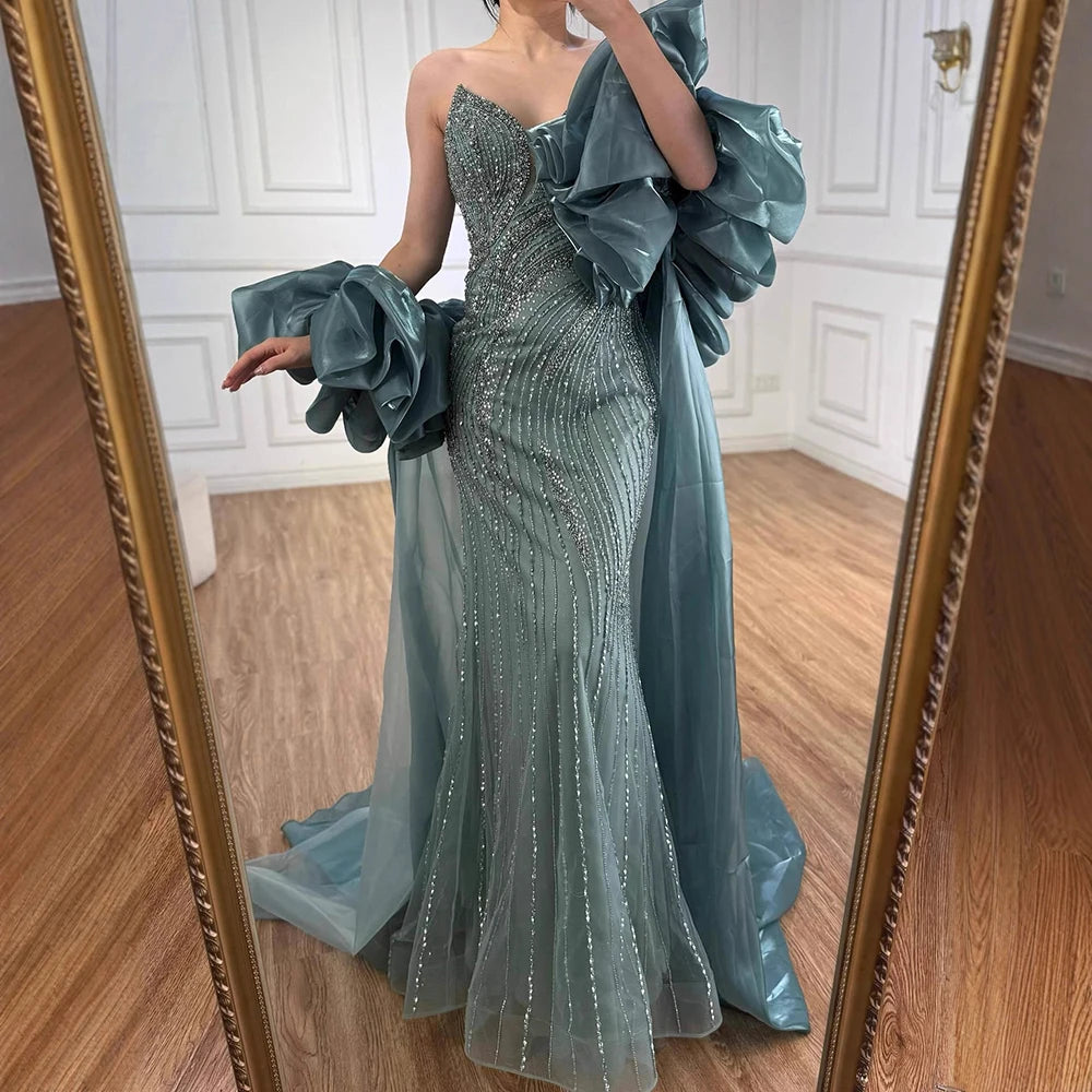 SERENE Hill 2026 Luxury Dubai Nude Strapless Mermaid Beaded Evening Dress with Detachable Sleeve Party Gown GLA72896 Customized