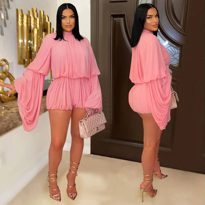 Jumpsuits Women One Piece Mock Neck Full Sleeve Short Pants Pleated Loose Elastic Waist Y2k Streetwear Jumpsuit Solid Work 2026