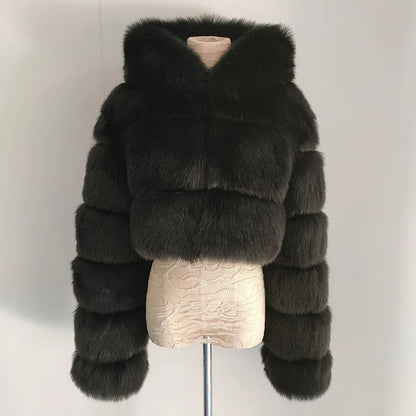 2026 Women Winter Plus Size Faux Fur Croped Coat Female Furry Hooded Long Sleeve Plush Jacket Lady Fake Fur Warm Fluffy Cardigan