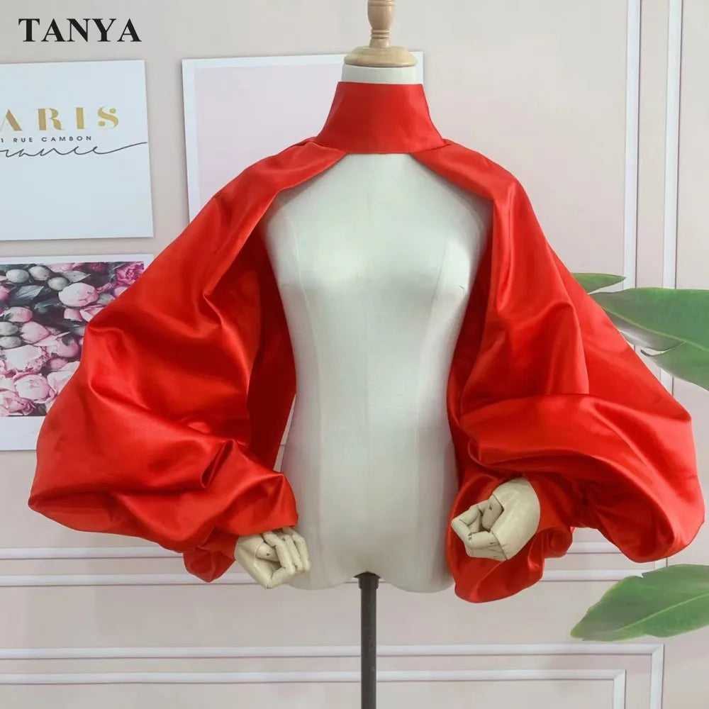 Puffy Sleeves Satin Bolero Topper Blouse Cover Arms Fashion Green Jacket Cloak Short Shawl High Neck With Buttons Customize