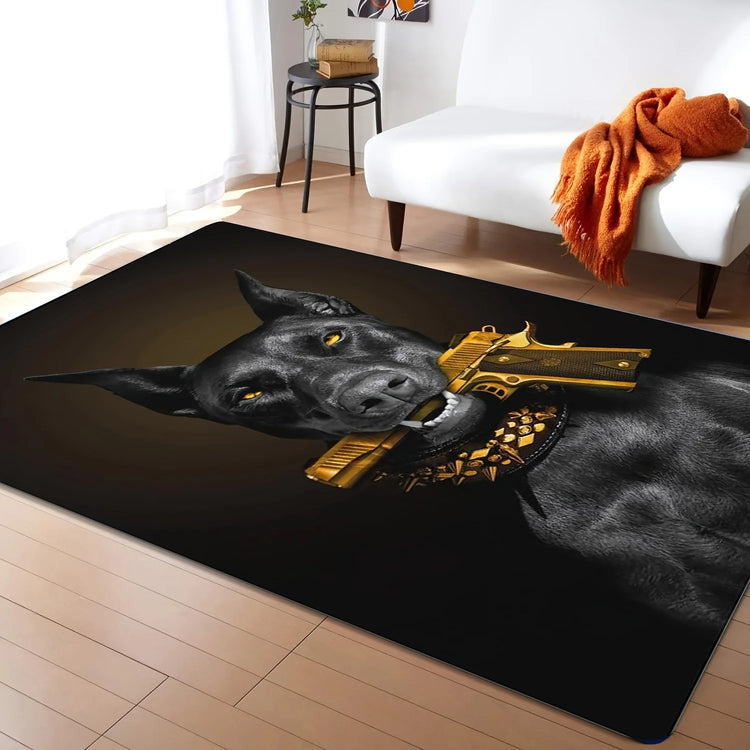 Cool Fashion Doberman with Gun Doormat, Non-Slip Entryway Rug, Durable Washable Floor Mat for Gym and Living Room