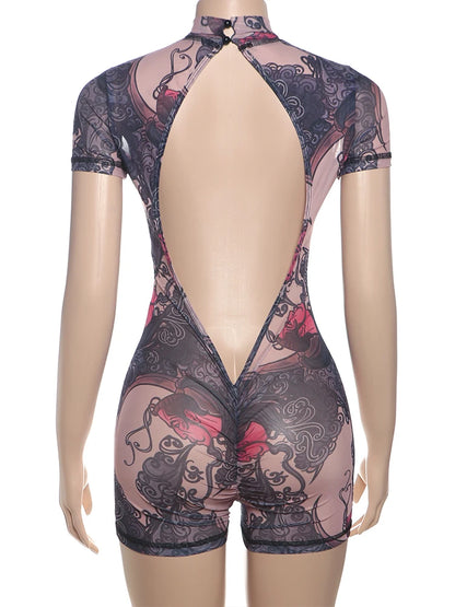 Weird Puss Backless Playsuit Women See Through Shorts Sleeve Peach Buttocks Summer Trend Aesthetic Print Midnight Club Romper
