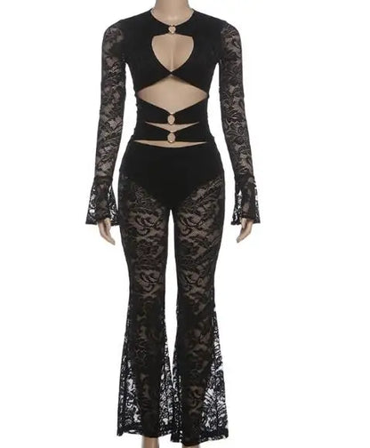 Two Piece Set Women Outfit 2026 Spring New Solid Color Buckle Splicing Lace Long Sleeve Top & High Waist Casual Flare Pants Set