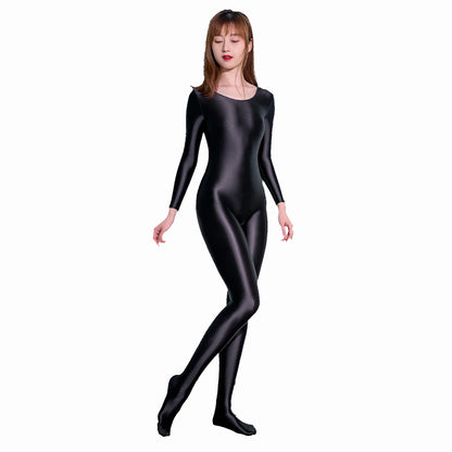MJINM Women Smooth Overalls Long Sleeve Tights Round Neck Full Length Stretch Zentai Bodysuits Yoga Fitness One Piece Jumpsuits