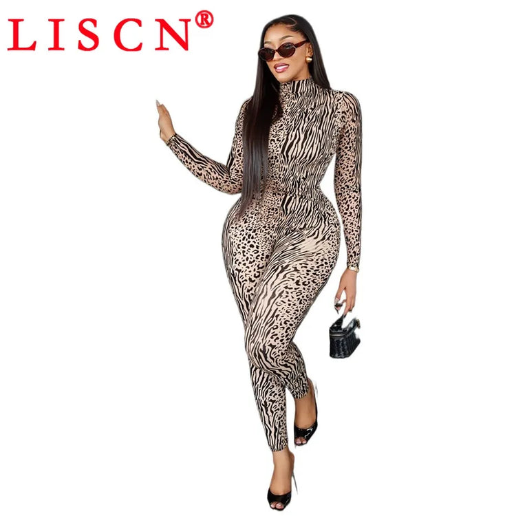 10 Bulk Items Wholesale Lots Jumpsuits Women Long Sleeve Bodycon Sexy Y2k Leopard Printing O-neck Rompers Streetwear K17649