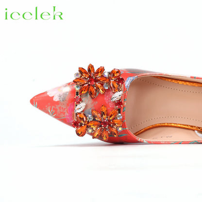 Newest Green Color Print Design High Heels Decorated with Water Rhinestone Party Women's Shoes and Bags Set