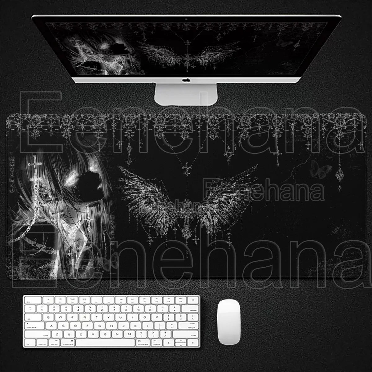 Black White Angel Mouse Pad Large PC Gaming Anime Pretty Girl DeskMat XXL Cartoon Laptop Keyboard Gamer Accessories Office Setup
