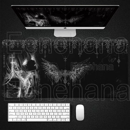 Black White Angel Mouse Pad Large PC Gaming Anime Pretty Girl DeskMat XXL Cartoon Laptop Keyboard Gamer Accessories Office Setup