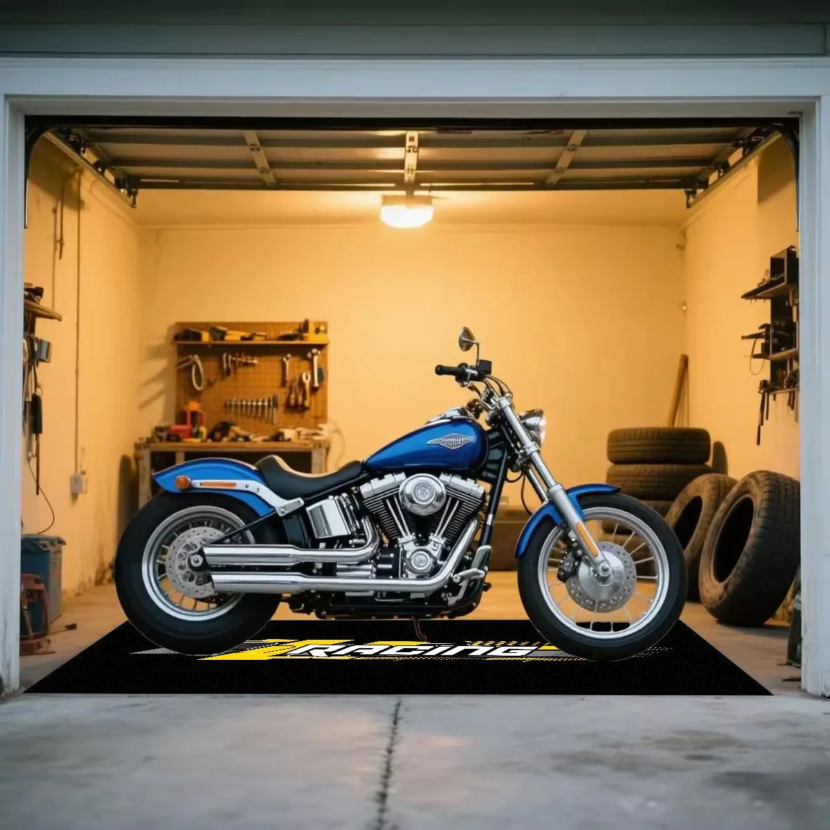 VIKAMA Retro Tire Print Motorcycle Pit Mat Anti Slip Waterproof Oil Resistant Floor Rug For Motorbike Garage Workshop Parking